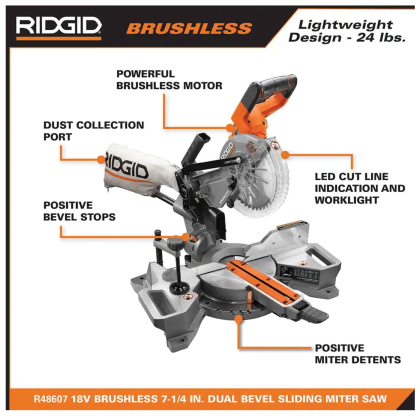 Ridgid 18V Brushless Cordless 7-1/4 in. Dual Bevel Sliding Miter Saw with 18V Lithium-Ion 4.0 Ah Battery (R48607B-AC87004)