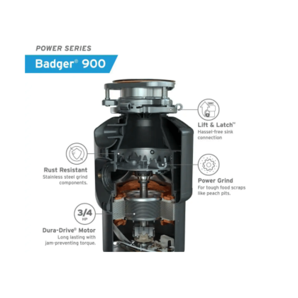 InSinkErator Badger 900 Lift & Latch Power Series 3/4 HP Continuous Feed Garbage Disposal with Power Cord Kit