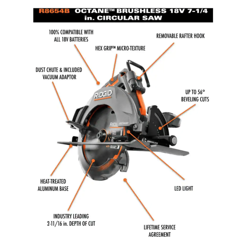 Ridgid 18V Brushless Cordless 7-1/4 in. Circular Saw with 18V 4.0 Ah Max Output Lithium-Ion Battery (R8654B-AC840040)