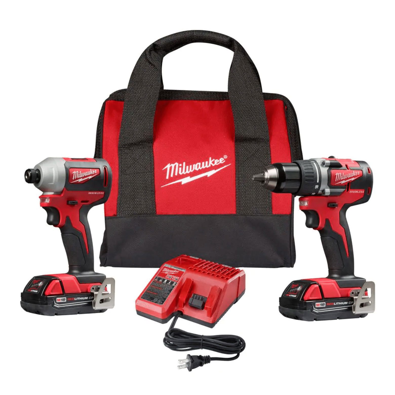 Milwaukee M18 18V Lithium-Ion Brushless Cordless Compact Drill/Impact Combo Kit (2-Tool) W/ (2) 2.0Ah Batteries, Charger & Bag (2892-22CT)