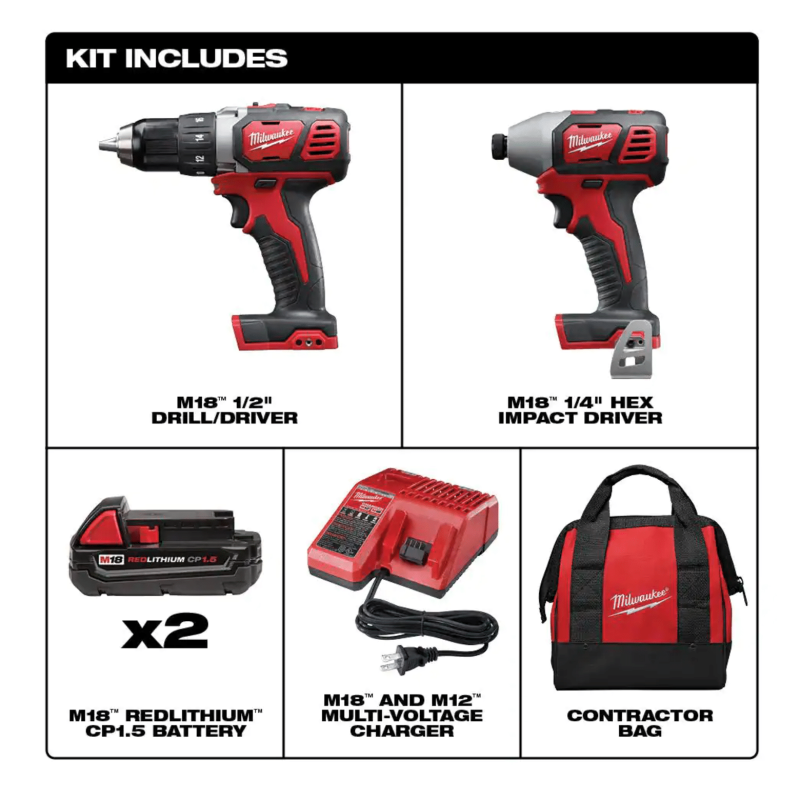 Milwaukee M18 18V Lithium-Ion Cordless Drill Driver/Impact Driver Combo Kit (2-Tool) w/ 2x1.5Ah Batteries, Charger Tool Bag (2691-22)