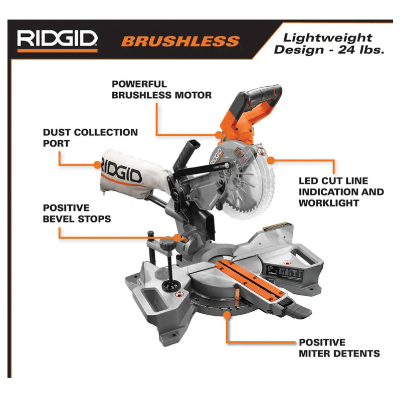 Ridgid 18V Brushless 7-1/4 in. Dual Bevel Sliding Miter Saw, Tool Only (R48607B)