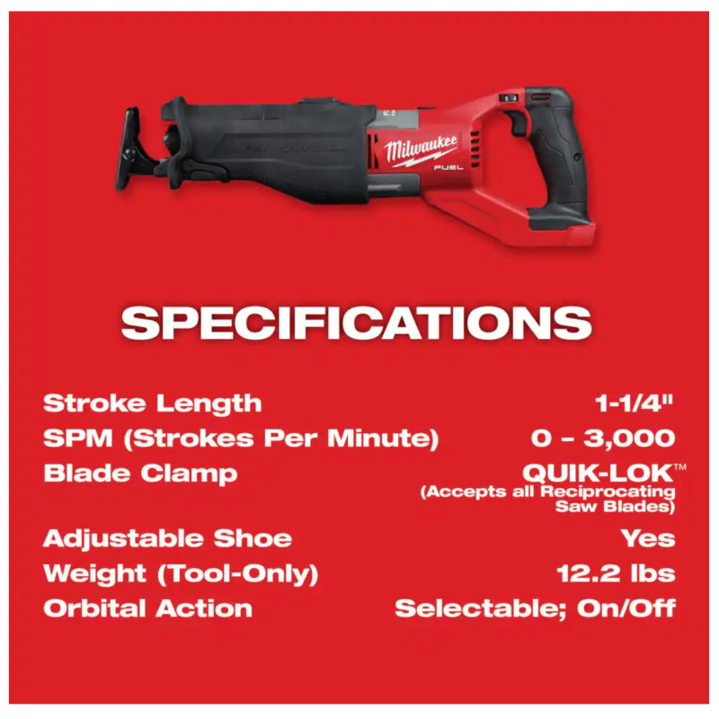 Milwaukee M18 Fuel 18-Volt Lithium-Ion Brushless Cordless Super Sawzall Orbital Reciprocating Saw, Tool-Only (2722-20)