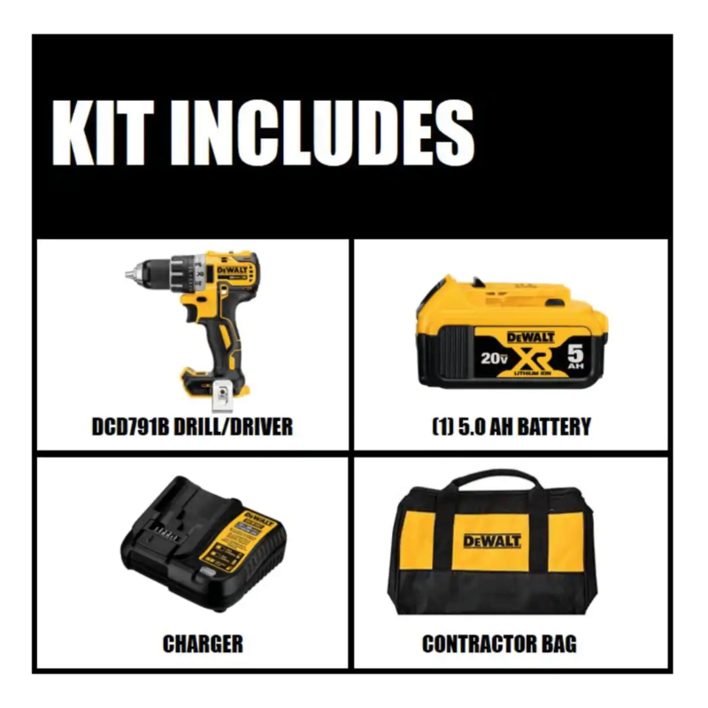 Dewalt 20V Max XR Cordless Brushless 1/2 in. Drill/Driver with (1) 20-Volt 5.0Ah Battery, Charger & Bag (DCD791P1)