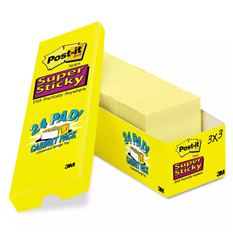 Post-it Notes Super Sticky Pads, 3" x 3", Canary Yellow, 24 Pads, 2,160 Total Sheets