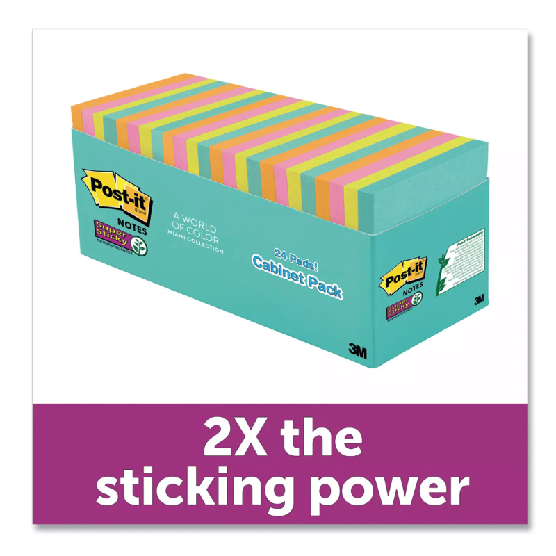 Post-it Notes Super Sticky Pads in Miami Colors, 3 x 3, 70/Pad, 24 Pads/Pack