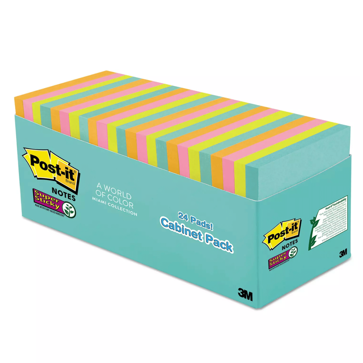 Post-it Notes Super Sticky Pads in Miami Colors, 3 x 3, 70/Pad, 24 Pads/Pack