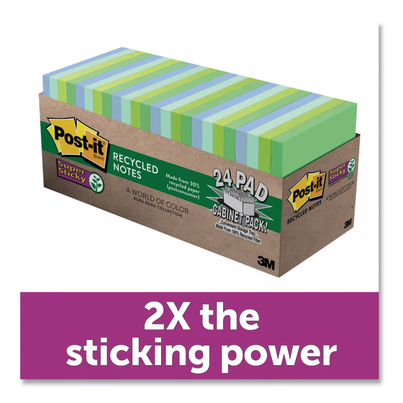 Post-it Notes Super Sticky Recycled Notes in Bora Bora Colors, 3 x 3, 70-Sheet, 24/Pack