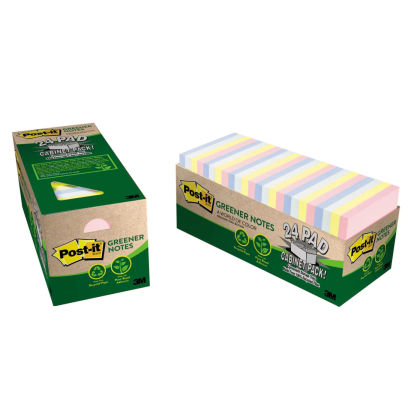 Post-it Greener Recyled Notes, 3x3, 75 Sheet Pads, 24 Pads, Helsinki Collection
