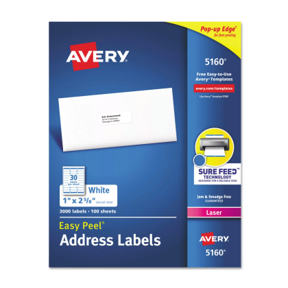 Avery Easy Peel White Address Labels w/ Sure Feed Technology, Laser Printers, 1x2.63, White, 30/Sheet, 100 Sheets/Box