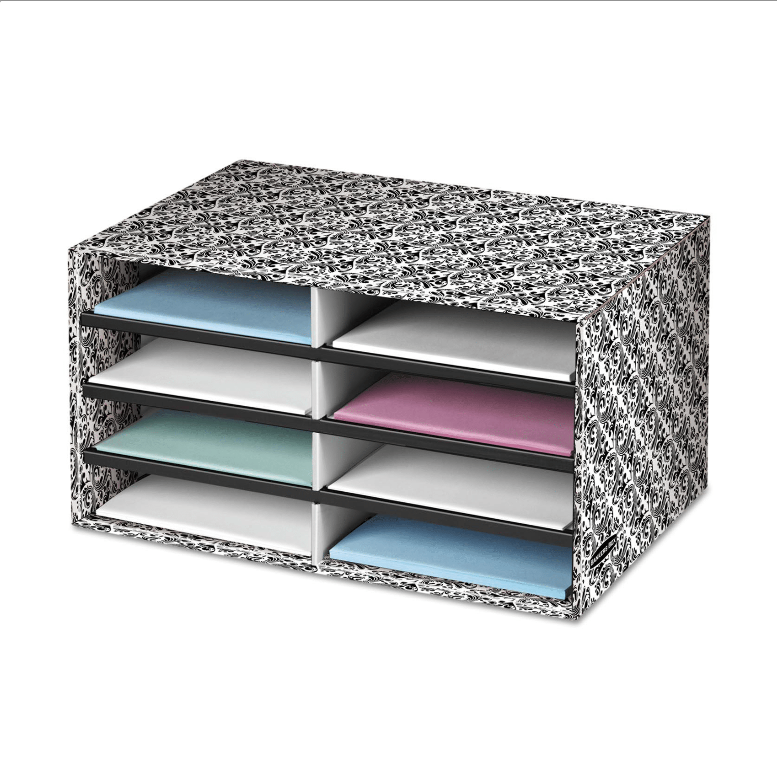 Bankers Box Decorative Eight Compartment Literature Sorter, Letter Size, White/Black Brocade