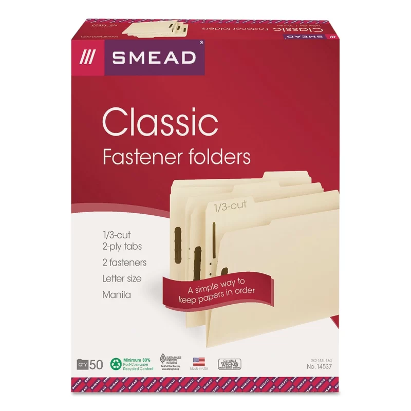 Smead 1/3 Cut Assorted Position Tabs Two Fastener File Folder, Manila (Letter, 50ct.)