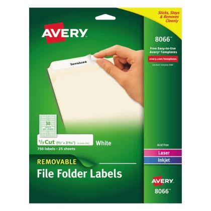 Avery Removable File Folder Labels With Sure Feed Technology, 0.66 x 3.44, White, 30/Sheet, 25 Sheets/Pack