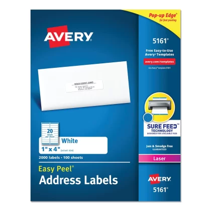 Avery Easy Peel White Address Labels w/ Sure Feed Technology, Laser Printers, 1 x 4, White, 20/Sheet, 100 Sheets/Box