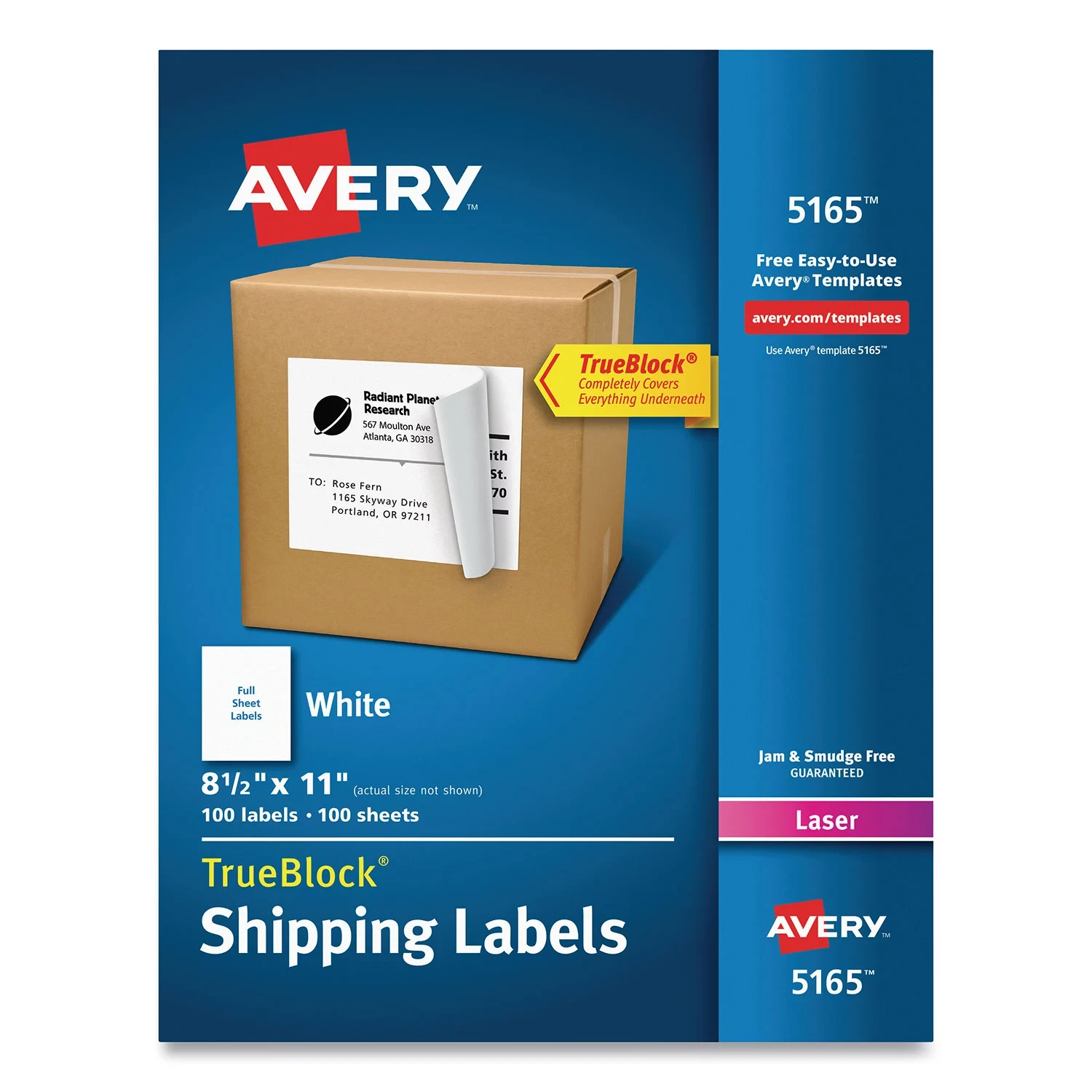 Avery Shipping Labels With TrueBlock Technology, Laser Printers, 8.5 x 11, White, 100/Box