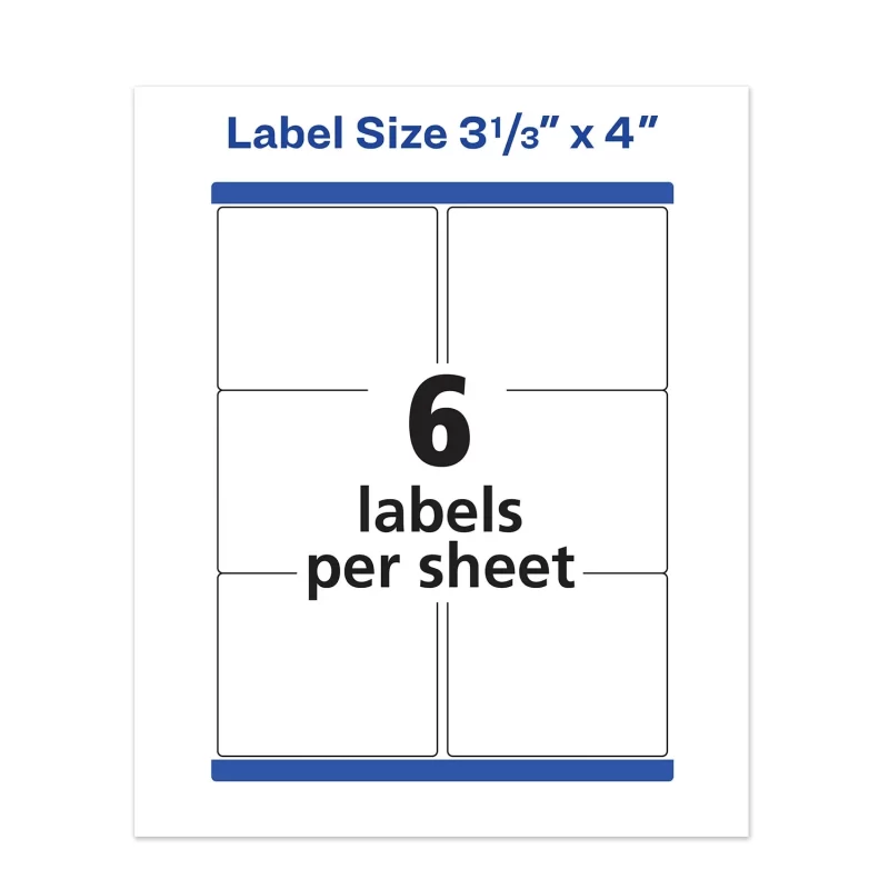 Avery Waterproof Shipping Labels With TrueBlock And Sure Feed, Laser Printers, 3.33 x 4, White, 6/Sheet, 50 Sheets/Pack