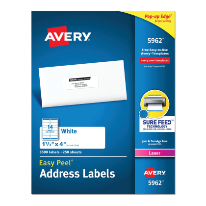 Avery Easy Peel White Address Labels w/ Sure Feed Technology, Laser Printers, 1.33 x 4, White, 14/Sheet, 250 Sheets/Box