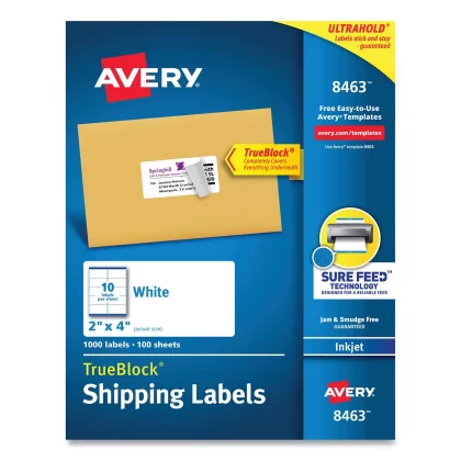 Avery Shipping Labels w/ TrueBlock Technology, Inkjet Printers, 2 x 4, White, 10/Sheet, 100 Sheets/Box