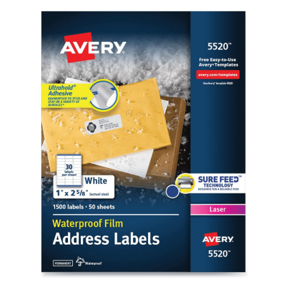 Avery Waterproof Address Labels with TrueBlock and Sure Feed, Laser Printers, 1 x 2.63, White, 30/Sheet, 50 Sheets/Pack