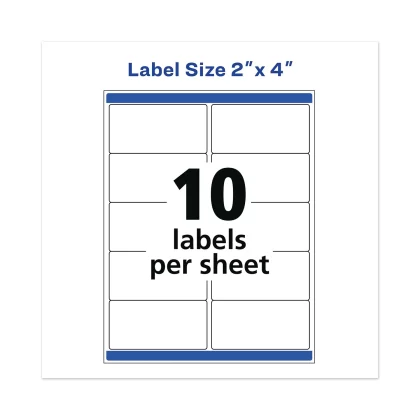 Avery Waterproof Shipping Labels With TrueBlock and Sure Feed, Laser Printers, 2 x 4, White, 10/Sheet, 50 Sheets/Pack