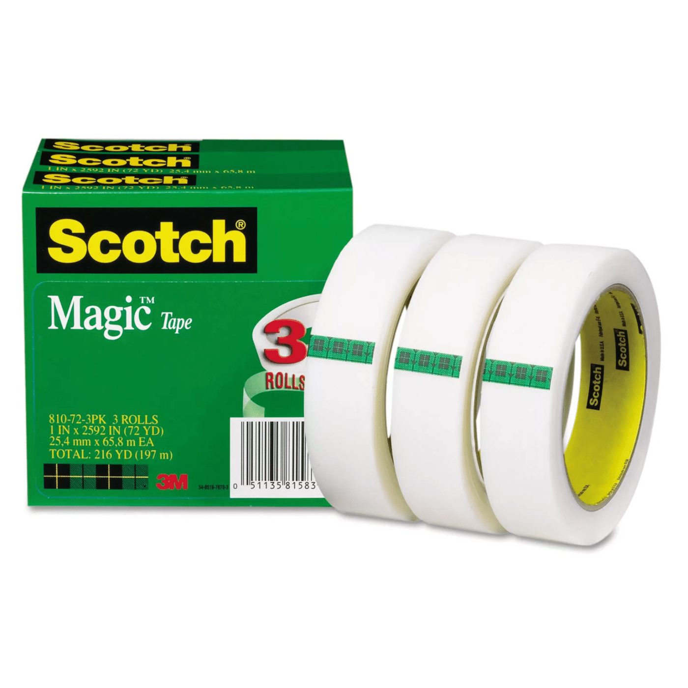 Scotch Magic Tape, 1" x 2592", 3" Core - 3/Pack