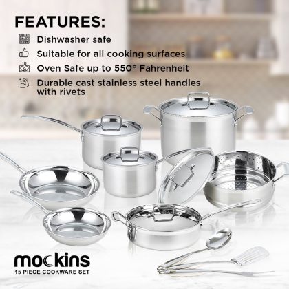 Mockins 15-Piece Premium Grade Stainless Steel Cookware Set, Tri-Ply Aluminum