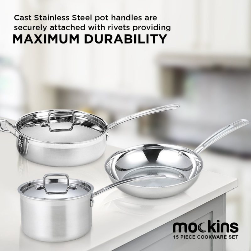 Mockins 15-Piece Premium Grade Stainless Steel Cookware Set, Tri-Ply Aluminum