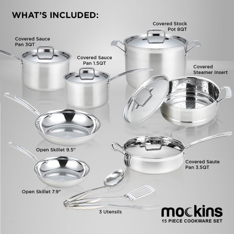 Mockins 15-Piece Premium Grade Stainless Steel Cookware Set, Tri-Ply Aluminum