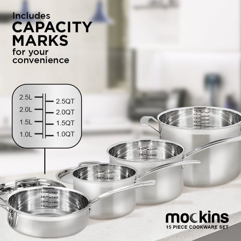 Mockins 15-Piece Premium Grade Stainless Steel Cookware Set, Tri-Ply Aluminum