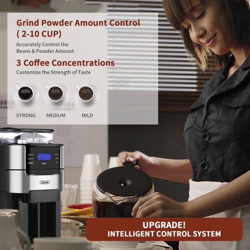 Gevi 10-Cup Coffee Maker with Grinder Coffee Machine, Keep Warm Plate, 1.5L Large Capacity Water Tank, Black