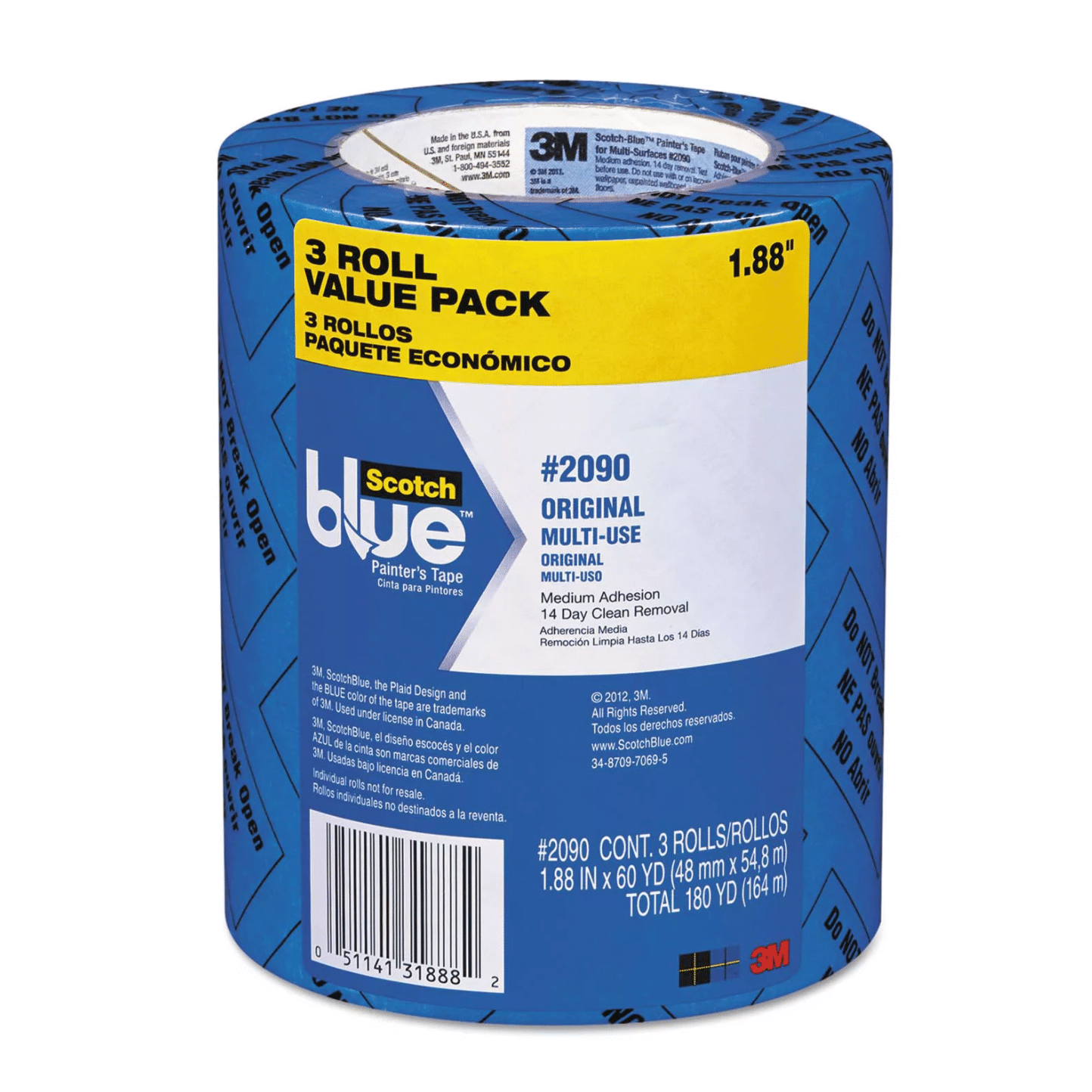 Scotch Painter's Masking Tape, 2" x 60 yards, 3" Core, Blue, 3/Pack