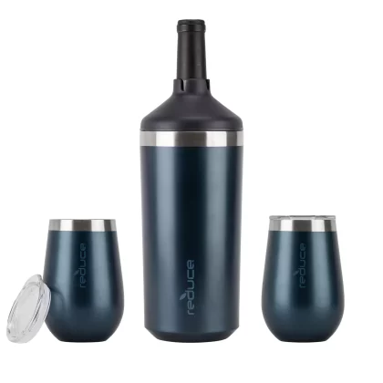 Reduce Wine Bottle Cooler 3-Piece Set with 12-oz. Wine Tumblers, Metallic Dark Web