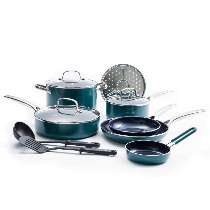 Blue Diamond 12-Piece Toxin-Free Ceramic Nonstick Cookware Set, Dishwasher Safe, Green