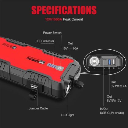Gooloo GT1500 1500A Car Jump Starter 15000mAh Auto Battery Booster Charger With QC3.0 Power Pack