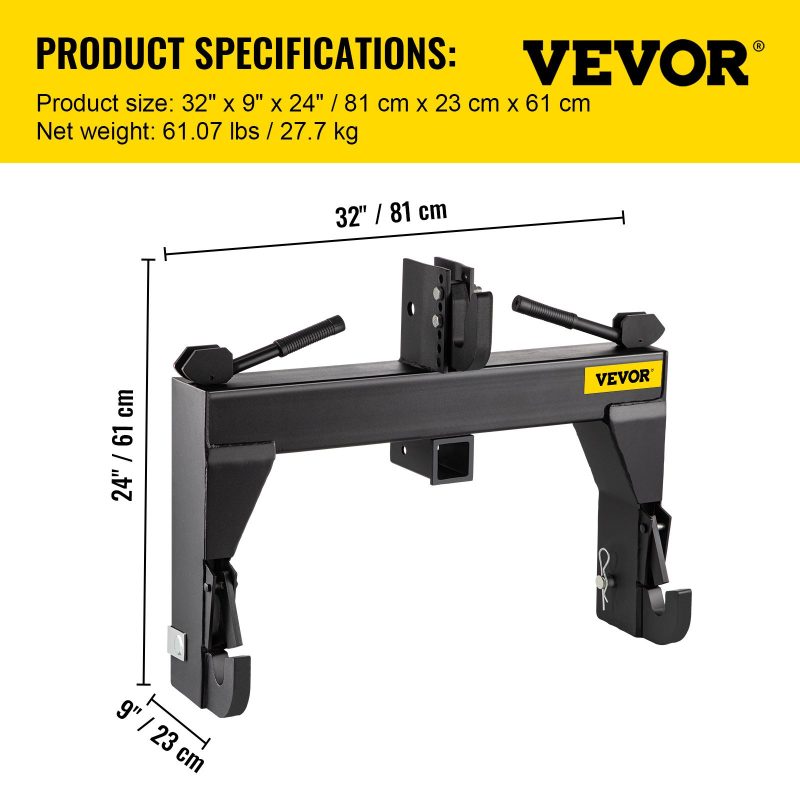 Vevor 3-Point 3000 LBS Lifting Capacity Tractor Quick Hitch, 5 Level Adjustable Bolt, Adaptation to Category 1 & 2 Tractors