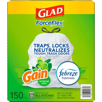 [SET OF 2] - Glad ForceFlex Tall Kitchen Drawstring White Trash Bags, Gain Original Scent with Febreze Freshness (13 gal., 150 ct.)