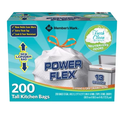 [SET OF 2] - Member's Mark Power Flex Tall Kitchen Drawstring Trash Bags, Fresh Clean Scent, 13 Gal. (200 ct./pk)
