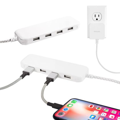 Philips USB Extension Cord Power Strip Charging Station, 4 USB-A Ports 2 Pack, 6 ft. Braided Cord