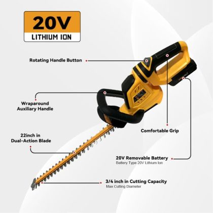 ZEGJAW 20V Cordless Hedge Trimmer With 22inch Dual Action Blade