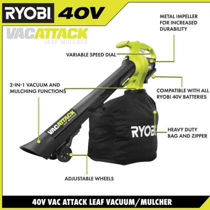 Ryobi 40V Vac Attack Cordless Leaf Vacuum/Mulcher With 5.0 Ah Battery And Charger