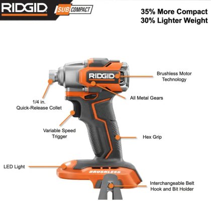 Ridgid R8723K 18V SubCompact Brushless Cordless Impact Driver Kit with (1) 2.0 Ah Battery, Charger & Bag