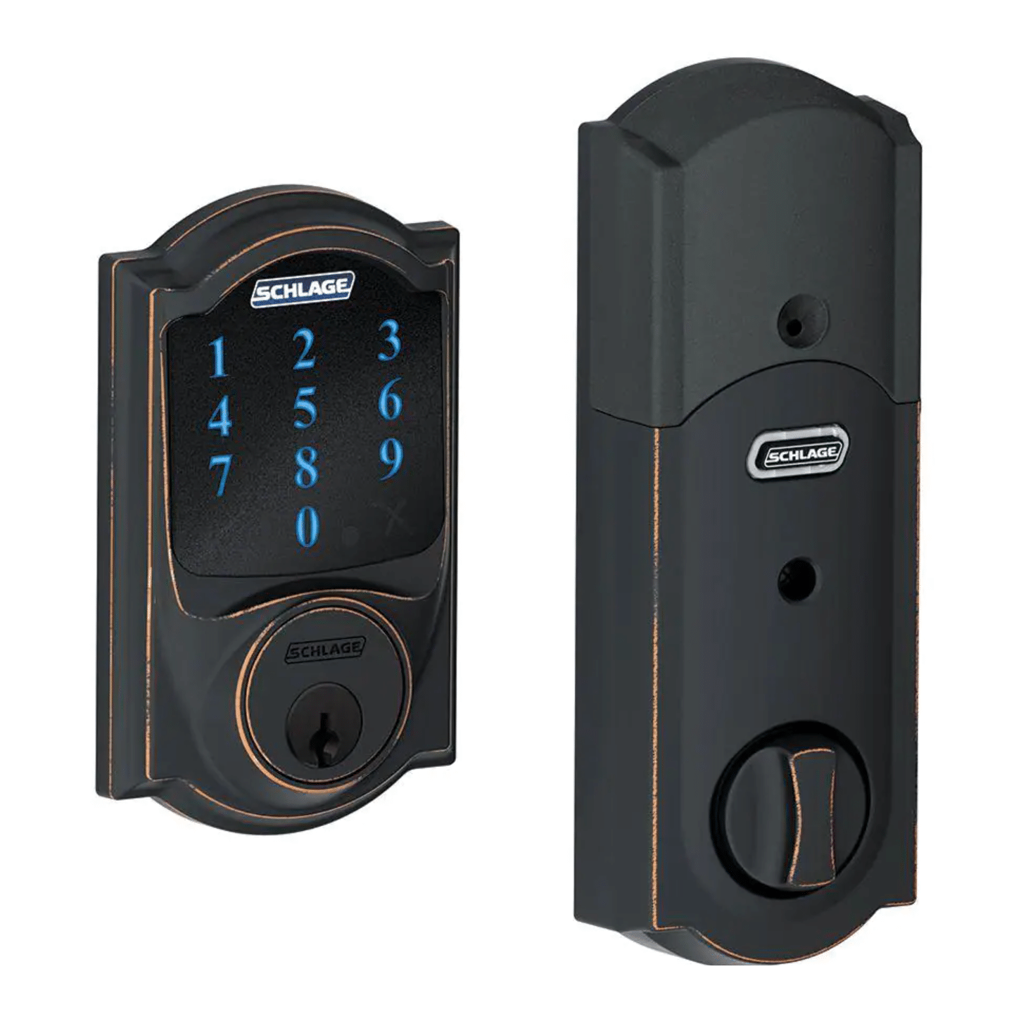 Schlage Camelot Aged Bronze Connect Smart Door Lock with Alarm, Aged Bronze