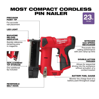 Milwaukee 2540-20 M12 12-Volt 23-Gauge Lithium-Ion Cordless Pin Nailer (Tool-Only)