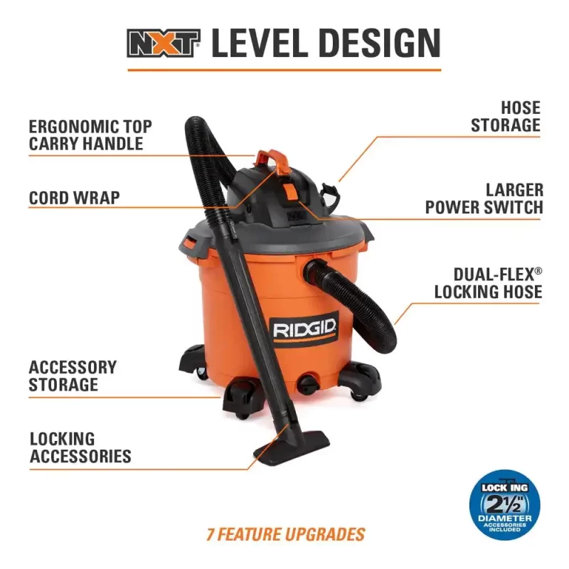 Ridgid 16 Gal. 5.0-Peak HP NXT Wet/Dry Shop Vacuum With 2 Filters, 2-Pack Dust Bags, Hose, Diffuser And 3 Accessories