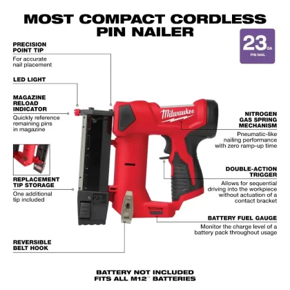 Milwaukee M12 12-Volt 23-Gauge Lithium-Ion Cordless Pin Nailer With Two M12 12-Volt 1.5 Ah Lithium-Ion Compact Battery Packs