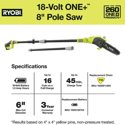 Ryobi ONE+ 18V 8 in. Cordless Battery Pole Saw With 1.3 Ah Battery And Charger