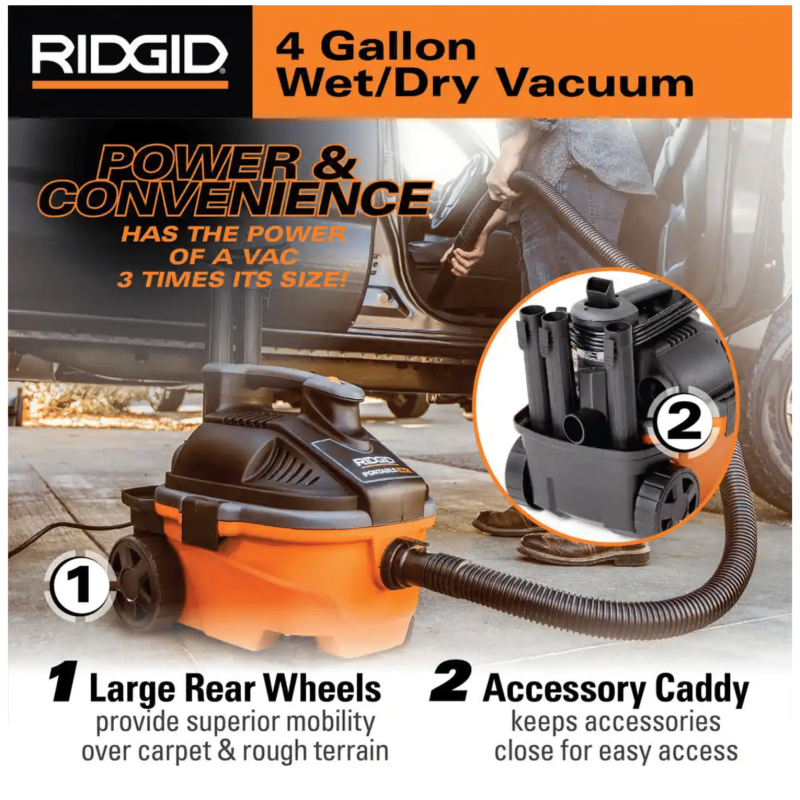 Ridgid WD4070C 4 Gallon 5.0-Peak HP Portable Wet/Dry Shop Vacuum with Fine Dust Filter, Hose, Accessories & Premium Car Cleaning Kit