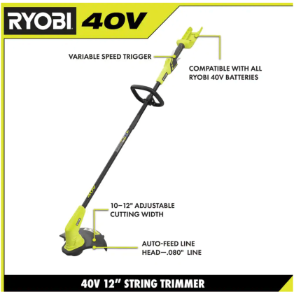 Ryobi 40V 12 in. Cordless Battery String Trimmer with 2.0 Ah Battery and Charger (RY40240)