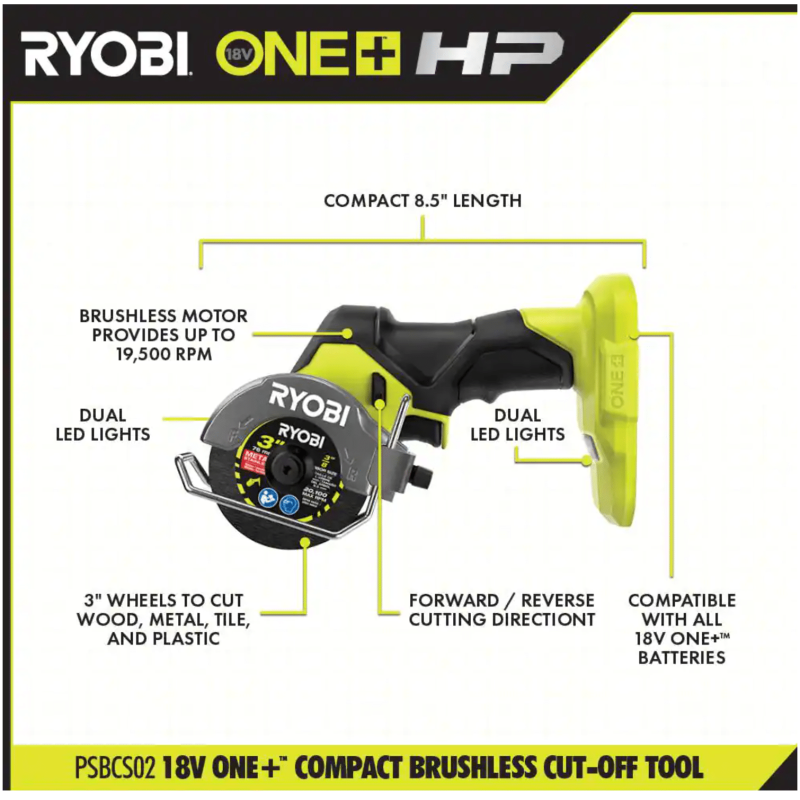 Ryobi One+ HP 18V Brushless Cordless Compact Cut-Off Tool, Tool Only (PSBCS02B)