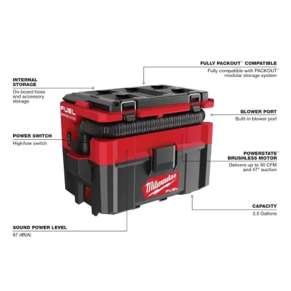 Milwaukee M18 Fuel Packout 18-Volt Lithium-Ion Cordless 2.5 Gal. Wet/Dry Vacuum (Tool-Only)